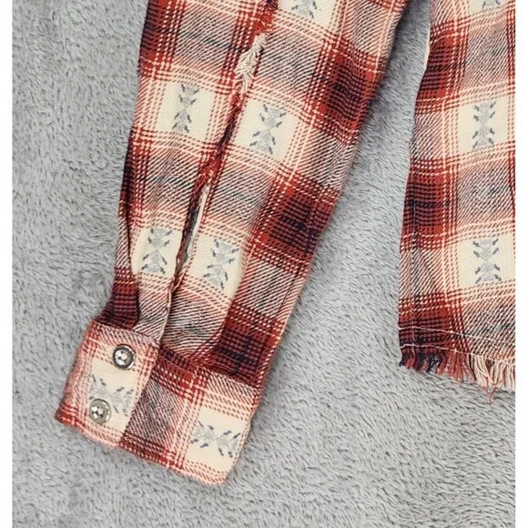 Idyll Wind Shirt Womens Large Red Cream Plaid Flannel Beaded Fringed Western Top - Picture 11 of 14